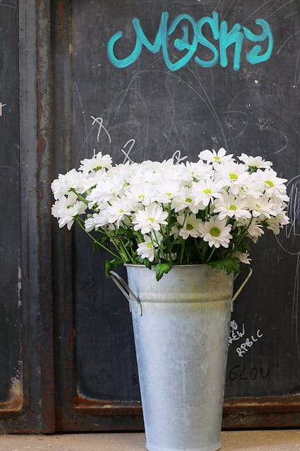 A large bouquet of fresh white daisies with bright yellow centers arranged in a rustic metal bucket. The flowers are densely packed, showcasing their pure white petals and lush green stems. The bouque